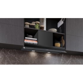 Siemens LJ97BDP65, iQ500, Integrierte Designhaube, 90 cm, Graues Glas mit schwarzer Bedruckung, Mattschwarz