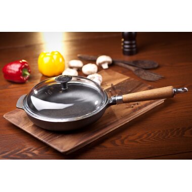 Ronneby Bruk Maestro Bratpfanne hoch, Ø 28 cm, mit Glasdeckel und Eichenholzgriff
