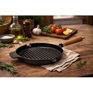 Ronneby Bruk Maestro Grillpfanne, Ø 25 cm, mit braunem Buchenholzgriff
